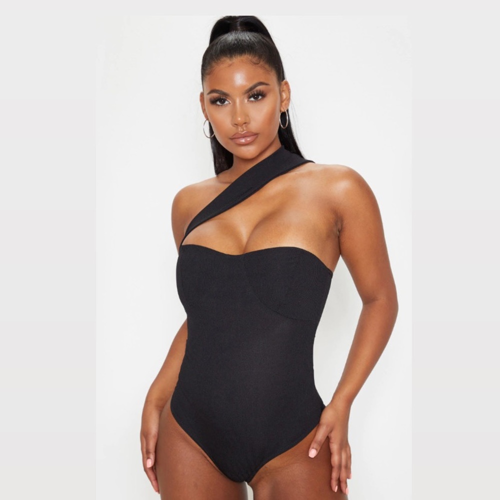 Black Rib Cross Body Strap Bodysuit